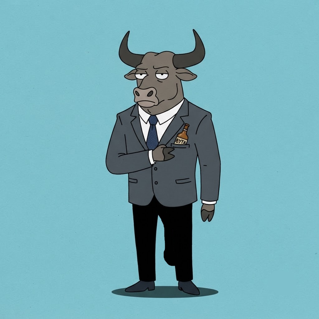 BDB, a cartoon bull in a grey suit and blue tie standing with a deadpan expression