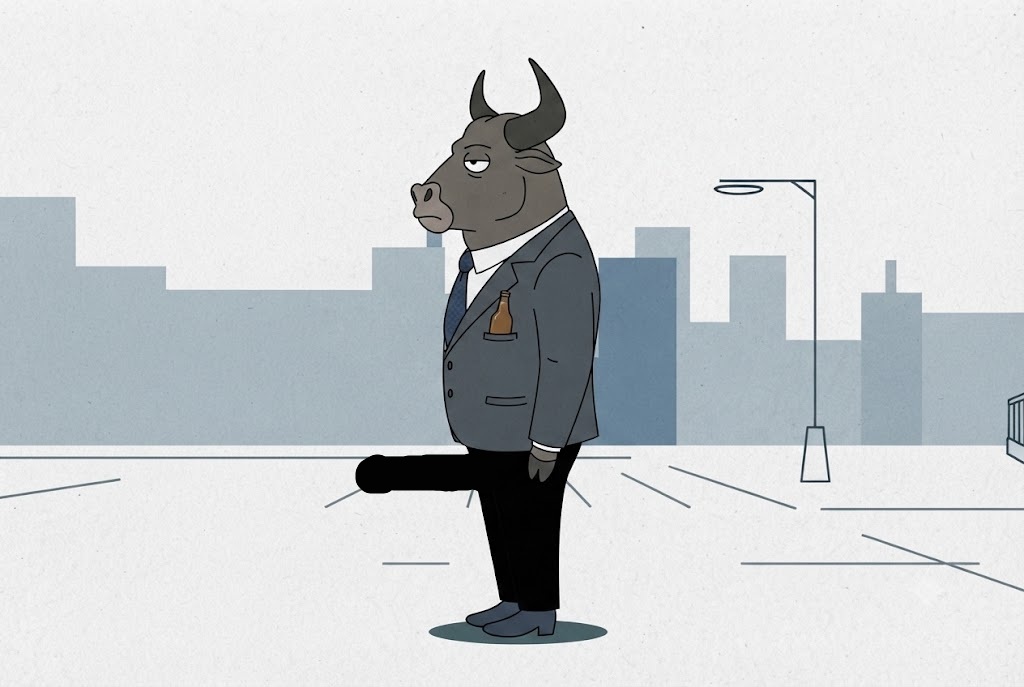 BDB standing in profile on an empty street with a muted city skyline behind him